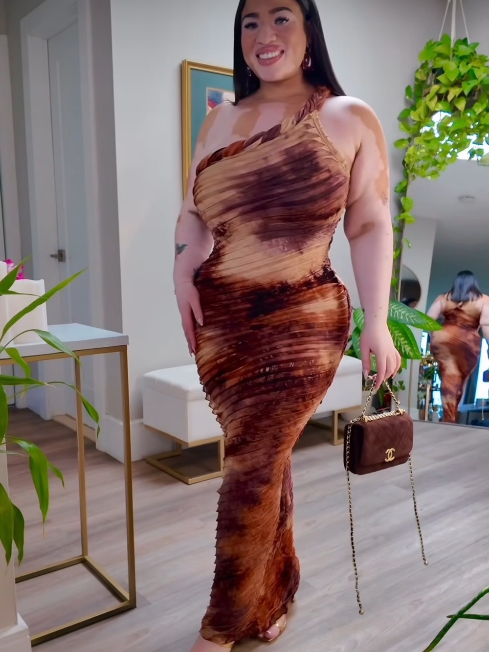 One-Shoulder Brown Tie-Dye Ruched Maxi Dress